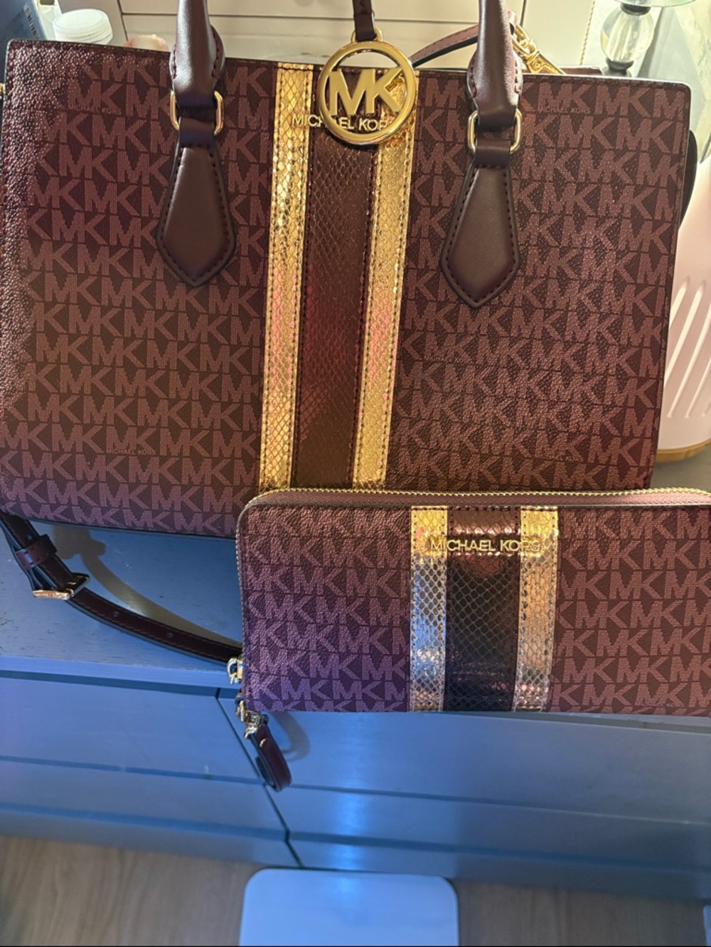 Michael Kors Brown & Gold MK Logo Tote with Matching Zip Wallet